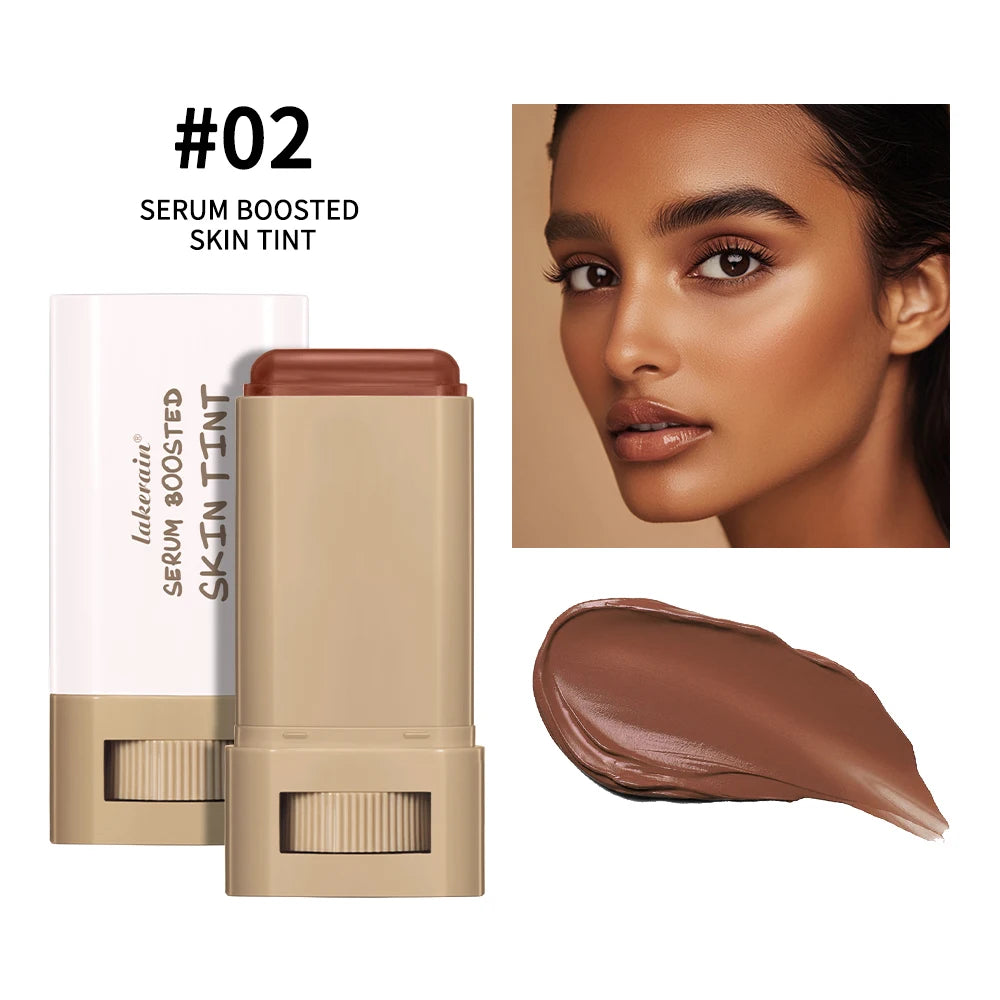 Even Skin Tone Best Stick Foundation Travel Makeup featuring #02 Serum Boosted Skin Tint with model's flawless complexion.